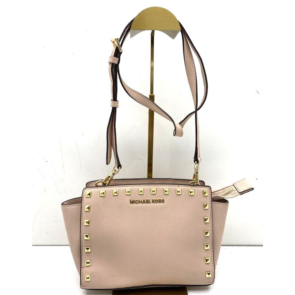 Michael Kors Selma Gold Studded Leather Messenger Crossbody Bag Gold Hardware